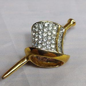 Top Hat & Cane Rhinestone Gold Tone Brooch Sparkler Pin